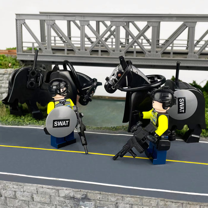 Mounted Riot City Police figs patrolling near a bridge