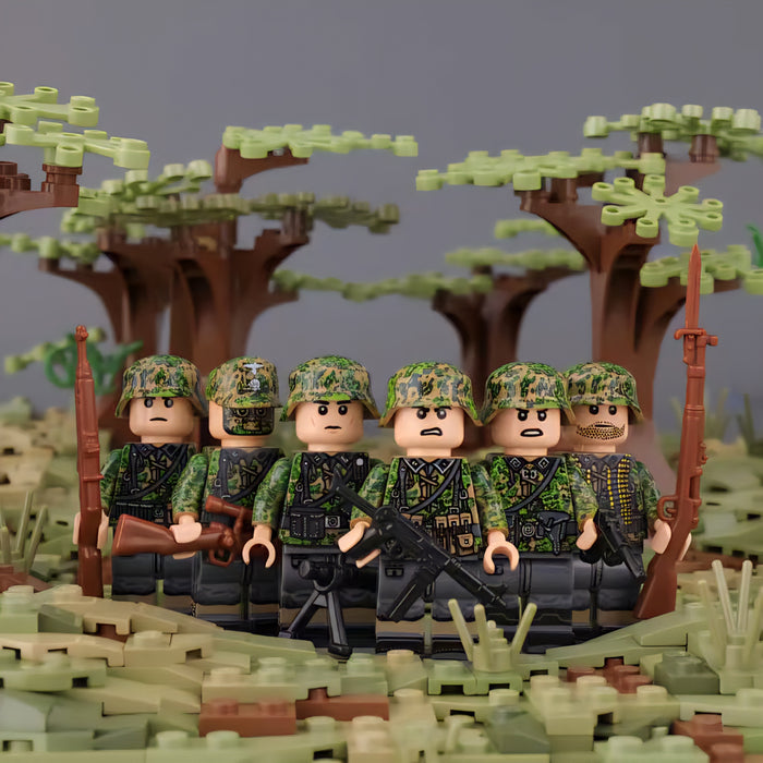WW2 German Paramilitary Infantry Squad in "Eichenlaubmuster" Camo among the bushes